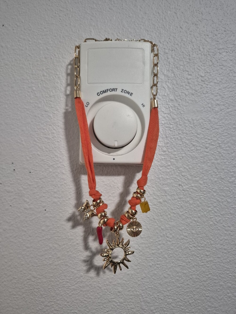 Gold Sun Charm Orange Fabric Necklace - Unbranded